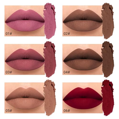 Image of evpct 6Pcs Dark Light Nude Brown Matte Matt Liquid Lipstick Lip Gloss Glossy Set for Black Women, 24 Hour Brown Mauve Red Maroon Silky Velvet Lipstick Lip Liner set labiales matte larga duracion 24