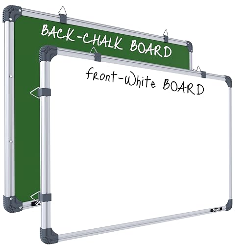 Image of GOSHU 2x3 Feet Double Sided White Board and Chalk Board Non Magnetic Whiteboard for Home Office Kids Wall Hanging Board with Sliding Hanging Clips Robust Aluminium Frame Smooth Melamine Surface