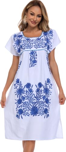 Image of YZXDORWJ Women Mexican Embroidered Long Dress Ruffle Collar Maxi Boho Floral Summer Short Sleeve