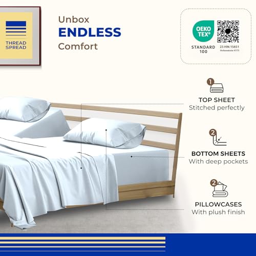 Image of THREAD SPREAD Split King Sheet Set, Luxury 1000 Series Paradise Collection 100% Egyptian Cotton Split King Sheets Sets for Adjustable Bed (5 PC, Light Blue), Soft, 16 inch Deep Pocket Hotel Sheets