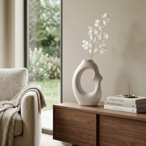 Image of Abstract Ceramic Flower Vase for Home Decor Modern Hollow Decorative Vase Matte White Nordic Table Vase for Pampas Grass, Dried Flowers & Artificial Flowers Living Room, Bedroom & Office