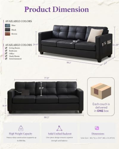 Image of TYBOATLE 88'' Black Faux Leather Couch with USB, 3-Seater | Faux Leather Sofa for Living Room, Mid-Century Modern, Tufted Design, Wider Arms, Side Pockets, Office, Apartment, Bedroom