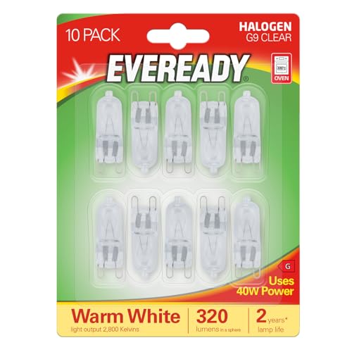 Eveready G9 Halogen Capsule Light Bulb, 40W, 320lm, 2800K Warm White, Dimmable, 300 Degree Oven Tolerant, Pack of 10