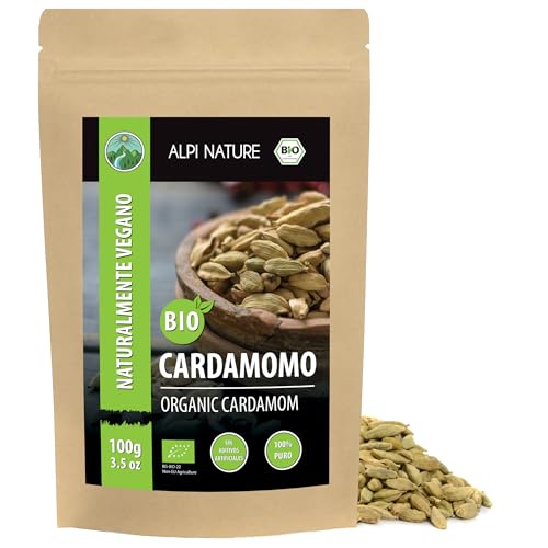 Alpi Nature Cardamomo Orgánico Entero 100g, Vainas de Cardamomo Verde Enteras para Cocinar