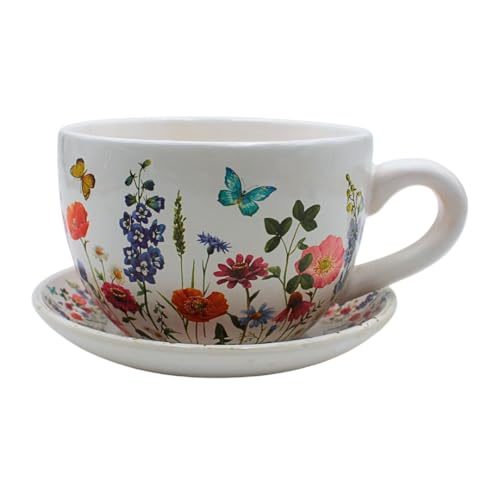 Dekohelden24 Maceta, Maceta, macetero, macetero, macetero, macetero, macetero, macetero con asa de cerámica, diseño de Prado de Flores, 20 x 15 x 12 cm (Largo x Ancho x Alto).