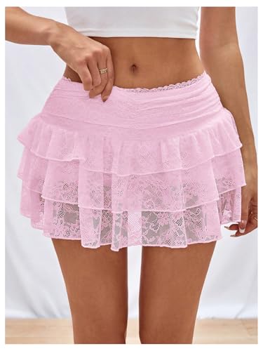 SHENHE Women's Lace Mini Skirts Y2K Low Rise Layered Ruffle Flowy Summer Casual Mini Skirt4
