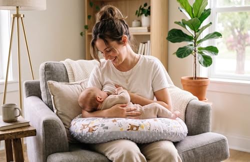 Stillkissen klein Mond Minky 130 cm - Nursing und Breastfeeding Pillow Stillmond Stützkissen Stillhörnchen kleines Still Kissen und Lagerungskissen beim Stillen Oeko-Tex Beige mit Weiß Sternen
