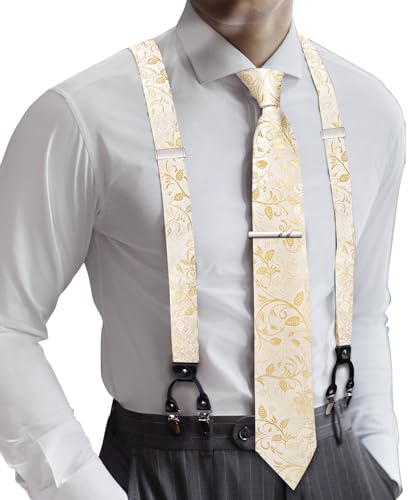 Image of Barry.Wang Men Suspender Set with Necktie Elastic Y Type Heavy Duty 6 Clips Braces Tie Handkerchief Cufflink Pin 6PCS