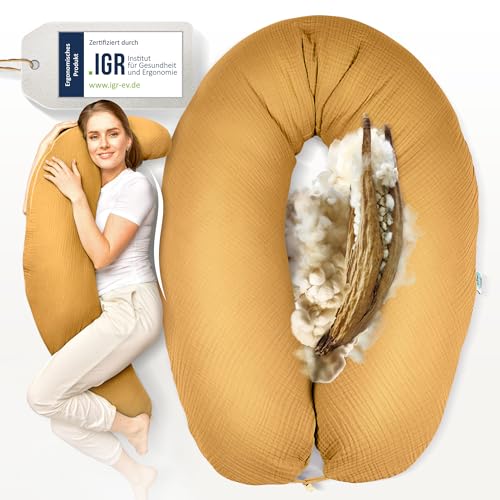 sei Design Stillkissen XXL 190x35 cm, Natur Kapok, Musselin Bezug aus Bio-Baumwolle, Schwangerschaftskissen, Füllmenge anpassbar, ergonomisch geprüft