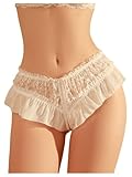 BEAUDRM Women's Lace Trim Bow Back Underwear Briefs Y2K Sexy Mesh Low Rise Ruffle Thongs Lingerie Underwear White X-Large
