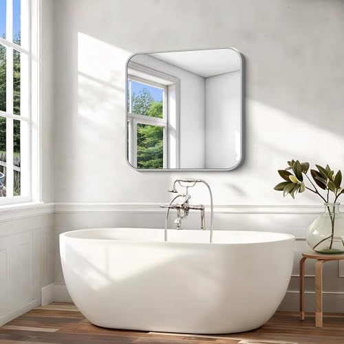 Image of Silver Bathroom Mirror, 36 x 36 Inch Square Mirrors for Wall, Aluminum Metal Framed Vanity Mirror, Rounded Corner Wall Mounted Mirror for Over Sinks Living Room Bedroom Entryway
