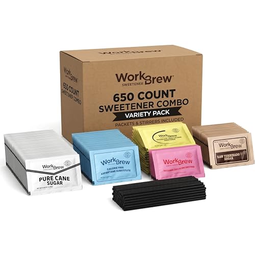 WorkBrew Sweetener Packets Variety Pack with Stirrers, 650 Count, Cane Sugar, Raw Turbinado, Sucralose, Aspartame, Saccharin, Made in USA