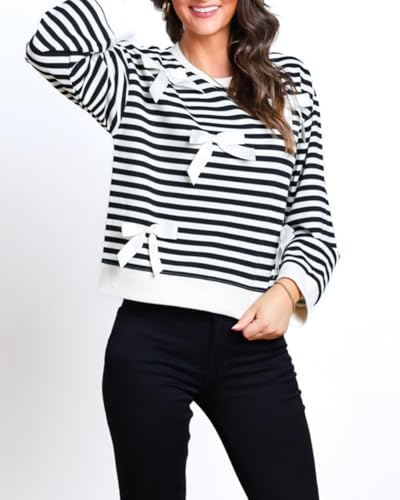 Image of Women's Cute Bow Sweater Striped Long Sleeve Crewneck Pullover Sweaters Holiday Trendy Tops