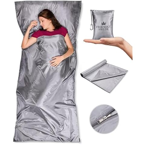 The Friendly Swede Sleeping Bag Liner Ultralight - Thin Travel Sheets for Hotel w Full Length Zipper; Silky Feel Camping Sheets & Adult Sleep Sack for Backpacking; Travel Sleeping Bag - Grey (Zipper) Cover