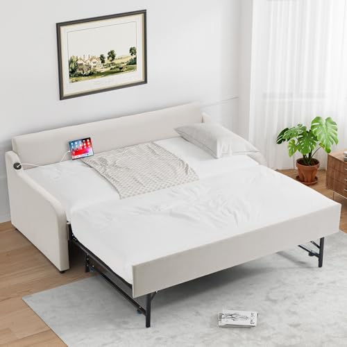 Rophefx Twin Daybed with Pop Up Trundle, Twin to King Size Day Bed w/USB, Upholstered Day Bed with Trundle Bed Twin, No Box Spring Needed, Wood Sofa Bed for Living Room, Bedroom, Linen Beige