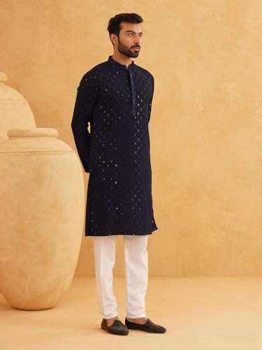 Image of SOJANYA Men's Coffee Brown Cotton Blend Kurta with Intricate Embroidery & Subtle Sequin Work