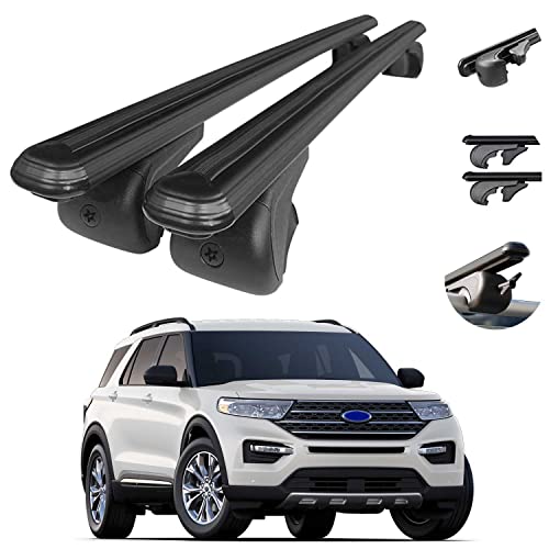 Black Aluminum Roof Top Bar Cross Bars Cargo Rack - Luggage, Ski, Kayak Carrier | 165 LBS / 75 KG Load Capacity - Set 2 Pcs | Fits Ford Explorer 2020-2021