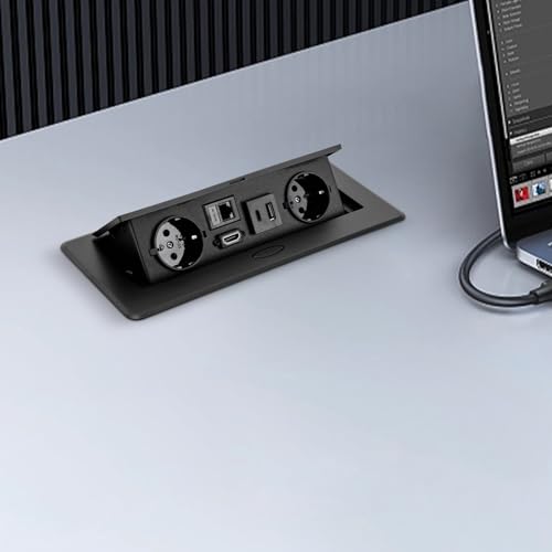 Tischsteckdose Einziehbare Steckdosen Schreibtisch Steckdose Versenkbare Einbausteckdose mit 2 EU LAN HDMI und 5V 2A USB Typec Ladegeräten Schwarz