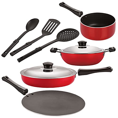 Image of Nirlon Nonstick Coated Aluminium 7 Pcs Set of Concave Tawa-28.5cm,Deep Kadhai-24cm,Sauce Pan-16cm,Fry Pan-24cm & 3 Spoon (2.6mm CT12 DKD(B) SP(M) FP12 3SPN)