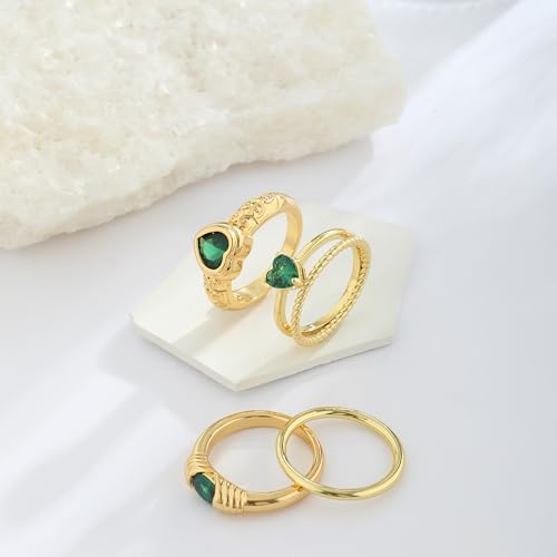 Kyerlyn Stackable Gold Rings for Women Non Tarnish Emerald Heart Chunky 14K Gold Plated Stacking Ring Set Statement Promise Wedding Bands Engagementfor Gifts Jewelry Size 6 7 8 9 104