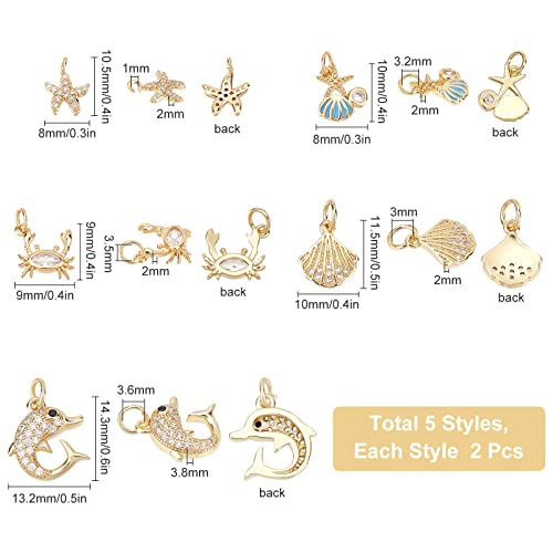 SUNNYCLUE 1 Box 10Pcs 5 Styles Shell Charms Starfish Charm Micro Pave Cubic Zirconia Pendant Brass Dolphin Ocean Pendants for Jewellery Making Charms Keychain Earring Necklace DIY Crafting Accessories - Image 2