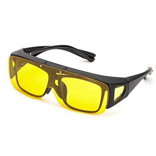 LVIOE Oversized Night-Vision Glasses, Wrap Around Style, Fit Over Regular Prescription Glasses with Flip Up Polarized Lens (Black Half Frame/Flip Up Yellow Lens)