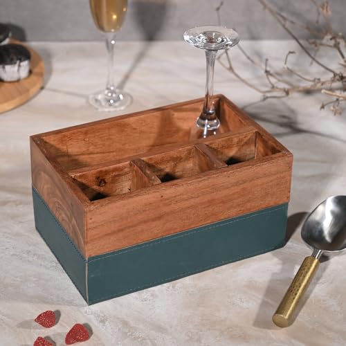 Image of Wooden Tray & Cutlery Holder Combo - Premium Leather Tray & Utensil Organizer, Elegant Dining Table Spoon Stand, Office Desk Storage, Leather-Fabric, Stylish & Functional