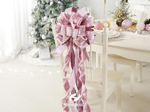 HUIHUANG Pink Christmas Tree Topper Bow 13 inch x 45 inch Large Christmas Bows Pink and White Snowflake Velvet Bows for Christmas Tree Ornament, Wreaths, Staircase, Mantel, Home Decor by HUIHUANG - Image 7