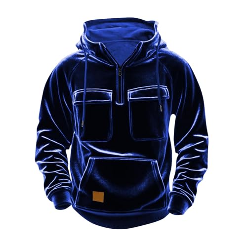 Mens Hoodies Velvet Tactical 1/4 Zip Hoodies Pullover Fall Fashion Long Sleeve Gym Workout Velour Tops With Pocket