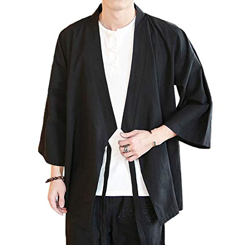 Men's Vintage Kimono Cardigan Cotton Linen Wrap Front Japanese Jinbei Haori Jacket Loose Fit Solid Color Hanfu Top Cover Up2
