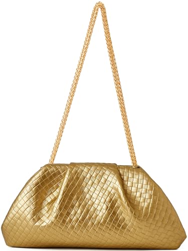 Image of Women's Woven Evening Bag Ruched Dumpling Clutch Purse Detachable Chain Crossbody Bag