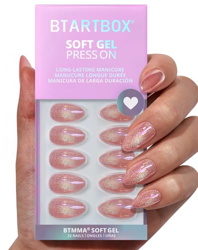 BTArtbox Press On Nails Short - Pink Cat Eye Almond Press On Nails with Glue for Women, Opaque Soft Gel Glue On Nails in 16 Sizes - 32 Stick On Nails Kit, Tassel Shine