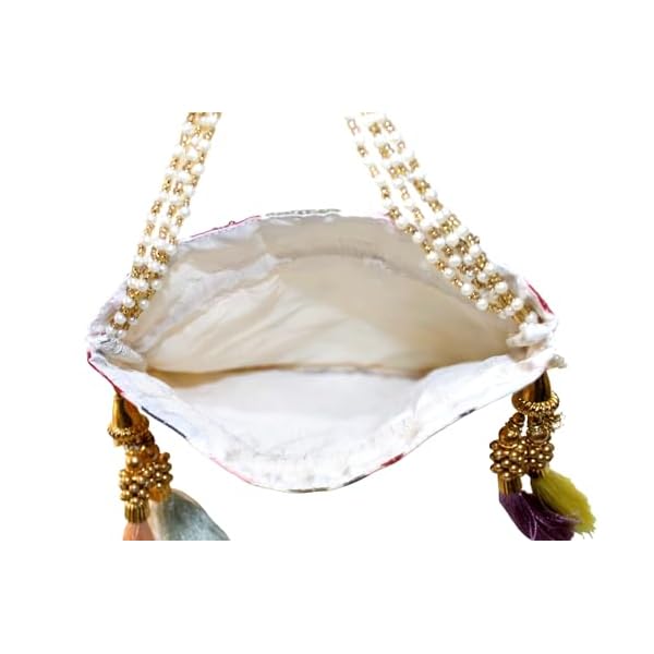 MILAN'S CREATION Fancy Potli Bag Golden Embroidery Designer Purse Drawstring Women's handbag with Pearl Handle & Tassel Weddings - Image 7