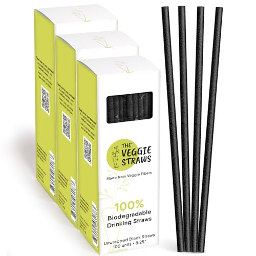Image of The Veggie Straws - 300 PCS of 8.25 Inches Unwrapped Biodegradable Black Straws - Made of Vegetable Fibers, Best Environment Friendly Drinking Straws for Hot and Cold Beverages