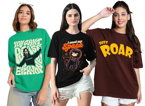 Image of LEOTUDE Women Cottonblend Oversized Baggy Fit Half Sleeve Round Neck Multicolor Combo T-Shirt for Women & Girls (Pack of 3)