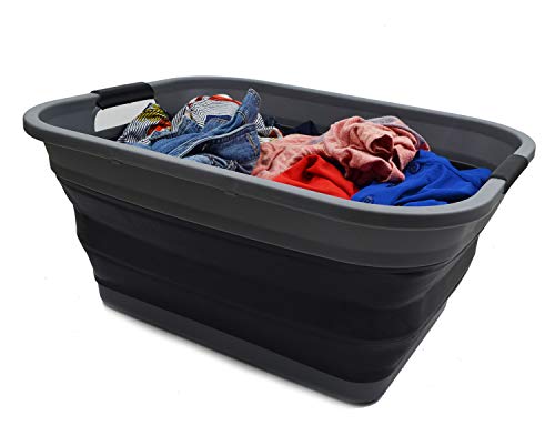 Image of SAMMART 41L (10.8 gallon) Collapsible Plastic Laundry Basket - Foldable Pop Up Storage Container /Organizer - Portable Washing Tub - Space Saving Hamper /Basket, (Rectangular, Grey /Black)