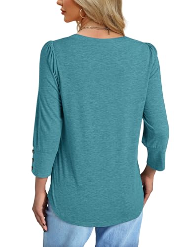NORACORA Blouses for Women Dressy Casual 3/4 Length Sleeve Womens Tops V Neck T Shirts with Smocked Cuffs with Buttons Spring Summer Outfits Cyan XL — view 5
