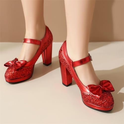 Elyffany Woman Fashion High Heeled Mary Jane Shoes Sparkly Sequins Glitter Bow Pumps3