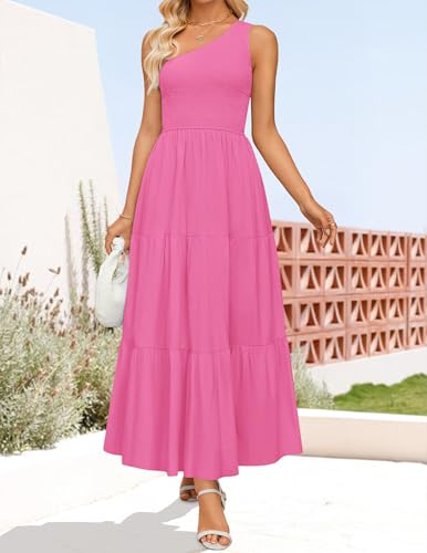 Image of ZESICA Women's 2026 Bohemian Summer Floral Print One Shoulder Sleeveless Smocked Ruffle Tiered Beach Long Midi Dress