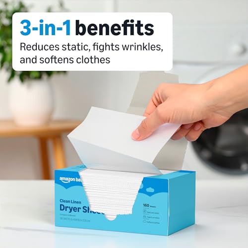 Image of Amazon Basics Dryer Sheets Laundry Fabric Softener, Clean Linen Scent, Reduces Static, Fights Wrinkles, Softens Clothes, 160 Count