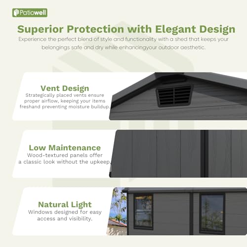 Image of Patiowell 6 x 8 FT Plastic Outdoor Storage Shed with Floor, Weatherproof Resin Tool Shed, Lockable Door & 2 Windows, Easy Assembly for Garden, Backyard, Lawn Equipment (Dark Grey)