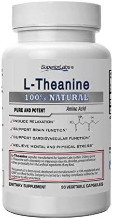 Superior Labs - Pure L-Theanine Non-GMO, No Additives - 250mg, 90 Vegetable Capsules - Powerful Formula for Healthy Sleep and Mood - Dietary Supplement for Calming and ​Relaxation
