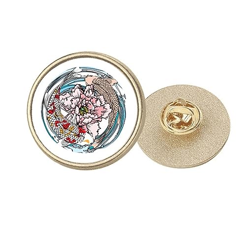 Broche carpe pivoine en métal doré ciselé, un bijou géométrique rond M