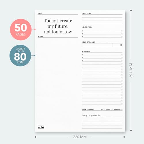 Image of SOLO 80 GSM Tear-Off Daily Planner with 50 Undated Sheets, Organiser to Track Productivity & Helps in Schedule Your Day, Manage To-Do List, Goals & Budget Tracker, Ideal for Office, Home & School