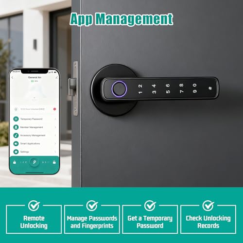 Smart Door Lock, Front Door Fingerprint Door Locks, Digital Door Handle Lock with Voice Broadcast, APP Unlocking, Two Keys, Suitable for Bedroom, Office, Hotel - Image 5