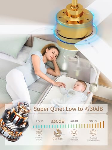 Image of LANMEL 42'' Ceiling Fan with Lights and Remote, Low Profile Modern Ceiling Fan Gold, 6 Speed, Reversible, 3000k-6000k LED, Quiet DC Motor for Indoor Outdoor Bedroom Living Room