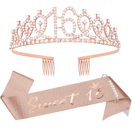 16th Birthday Crown and Sash Kit- Sweet 16Birthday Decorations 16th Birthday Party Gifts Birthday Party Supplies for Girls (rose gold)