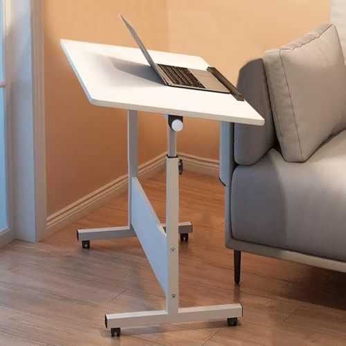 Warmiehomy Height Adjustable Standing Desk, Rolling Laptop Workstation with Foldable Desktop, Overbed Bedside Table, White, 60x40x65-87cm