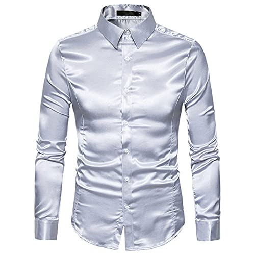 BLACKHEI Chemise en soie pour homme à manches longues à revers simple boutonnage Noir doré satiné décontracté, gris clair, M Cover