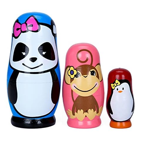 Moonmo 3 PCS Beautiful Handmade Wooden Animal Nesting Dolls Bear Panda Nesting Dolls Gift Russian Nesting Wishing Dolls Matryoshka Traditional (Blue Panda) Cover